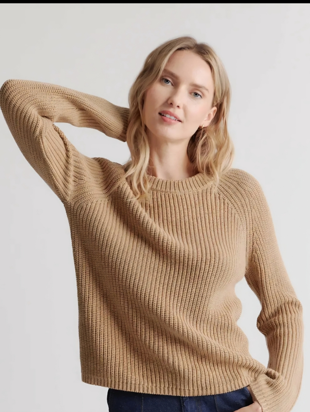 Quince Organic Cotton Ribbed Fisherman Crewneck Sweater in Camel